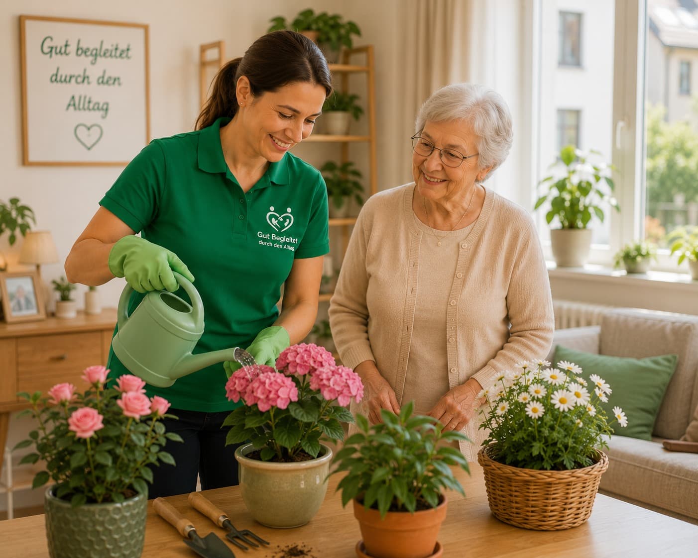 A Gut Begleitet employee and older customer caring for plants together