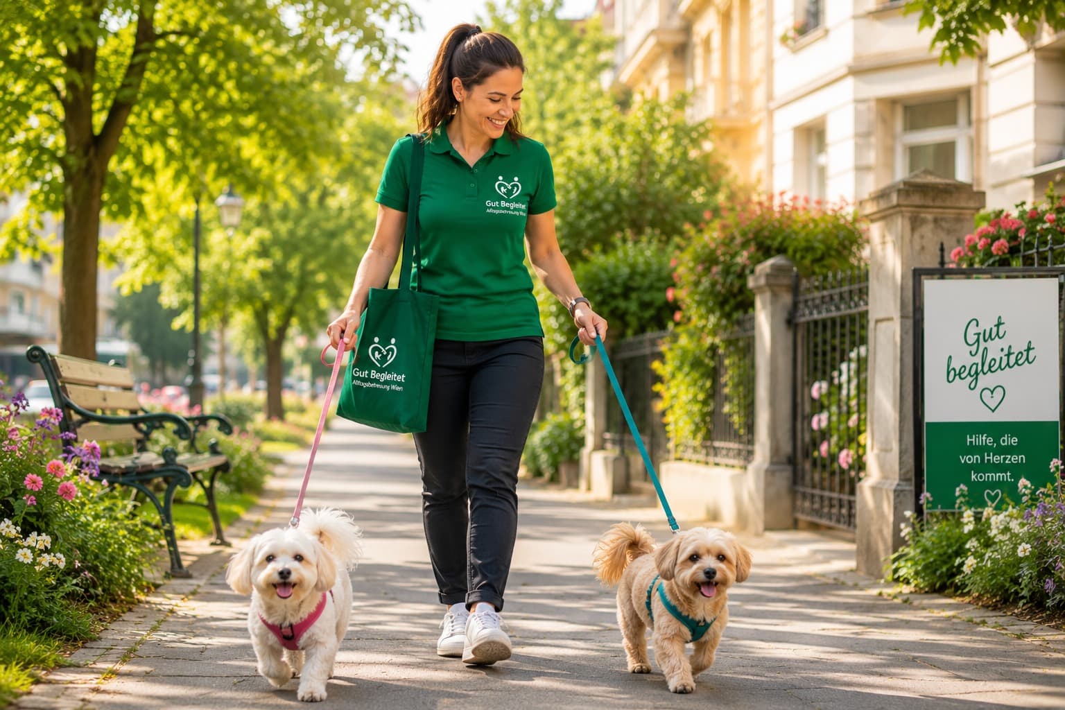 A Gut Begleitet employee walking two dogs in Vienna
