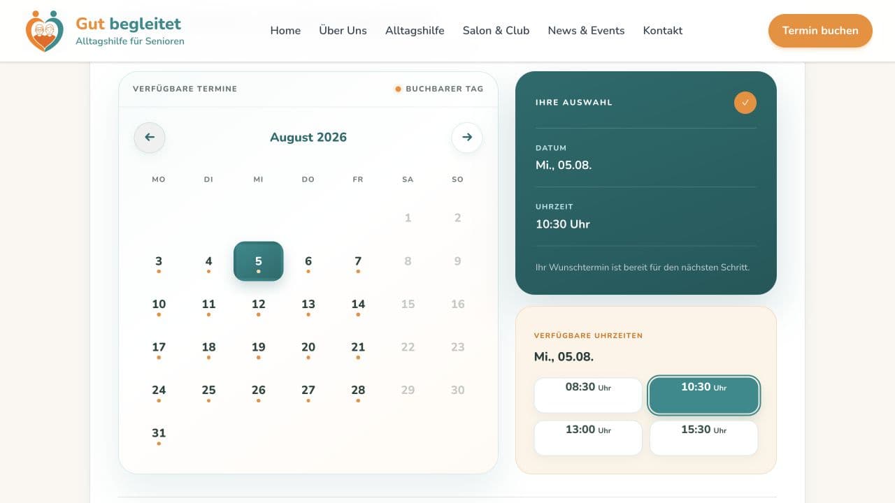 The implemented Gut Begleitet public booking interface showing appointment selection