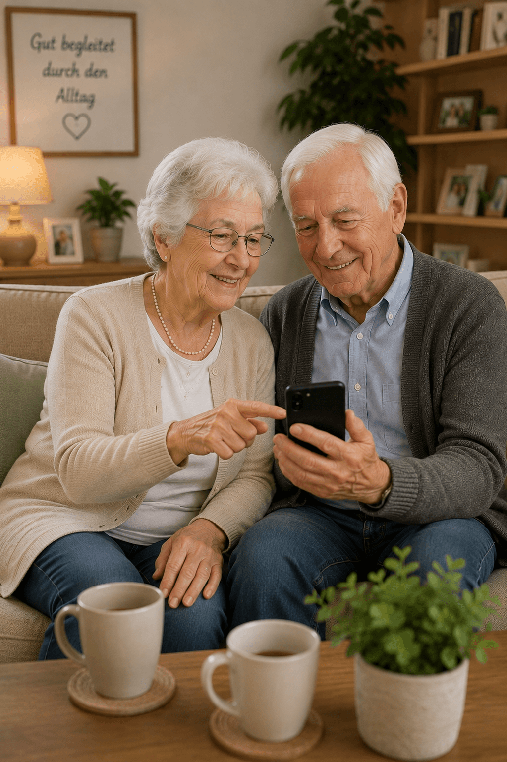 An older couple using a phone together to request assistance